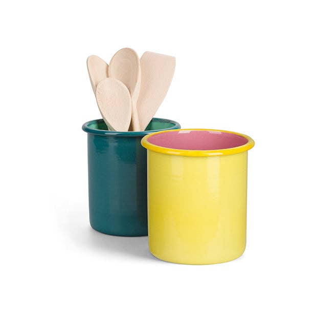 BRITISH COLOUR STANDARD - Tall Enamel Utensil Holder in Sulphur Yellow / Old Rose