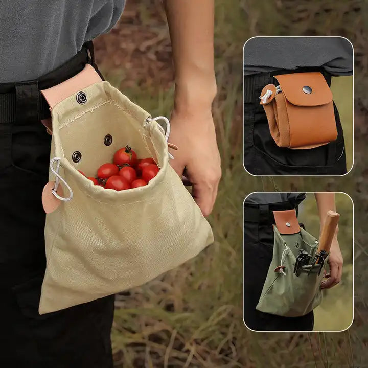 Portable Leather Canvas Foraging Bag Pouch: Brown / Geniune Leather