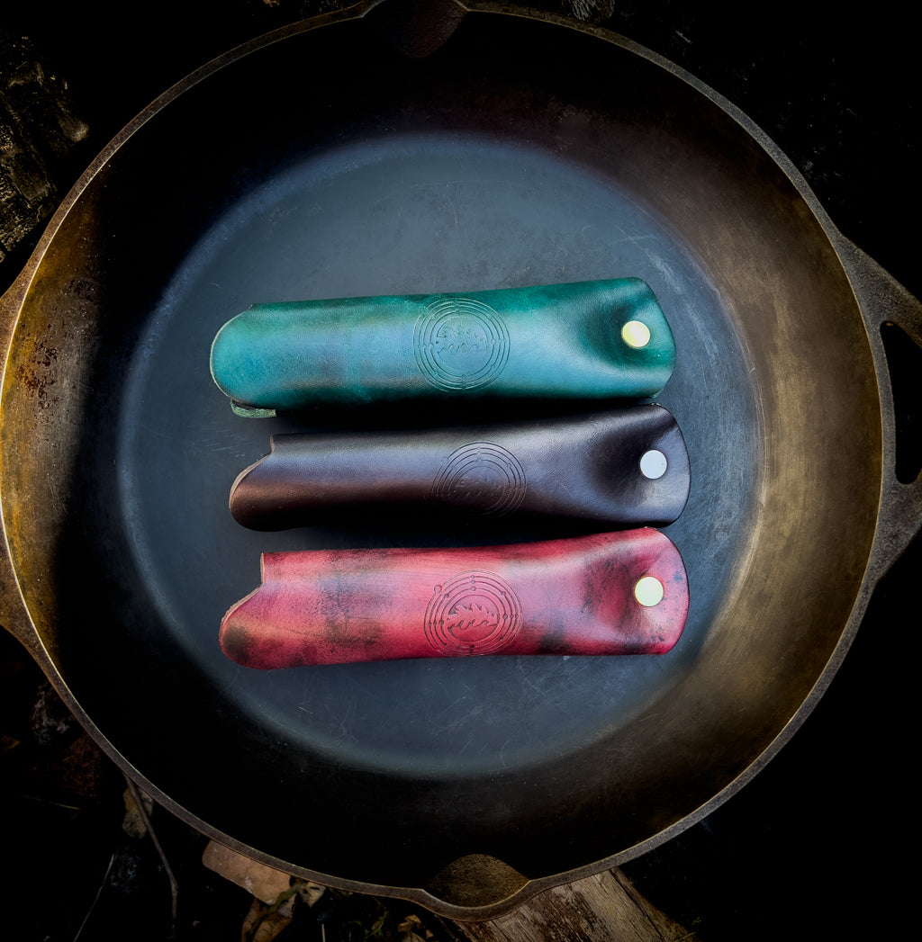 Green, black and mahogany leather skillet handle covers