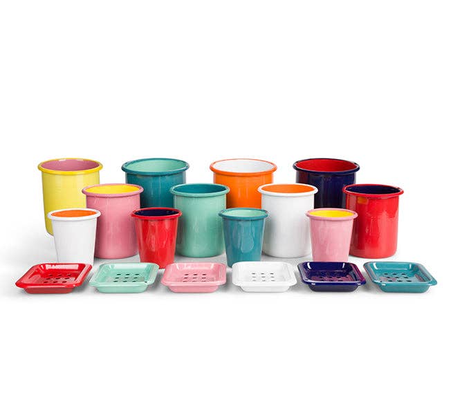 BRITISH COLOUR STANDARD - Tall Enamel Utensil Holder in Sulphur Yellow / Old Rose